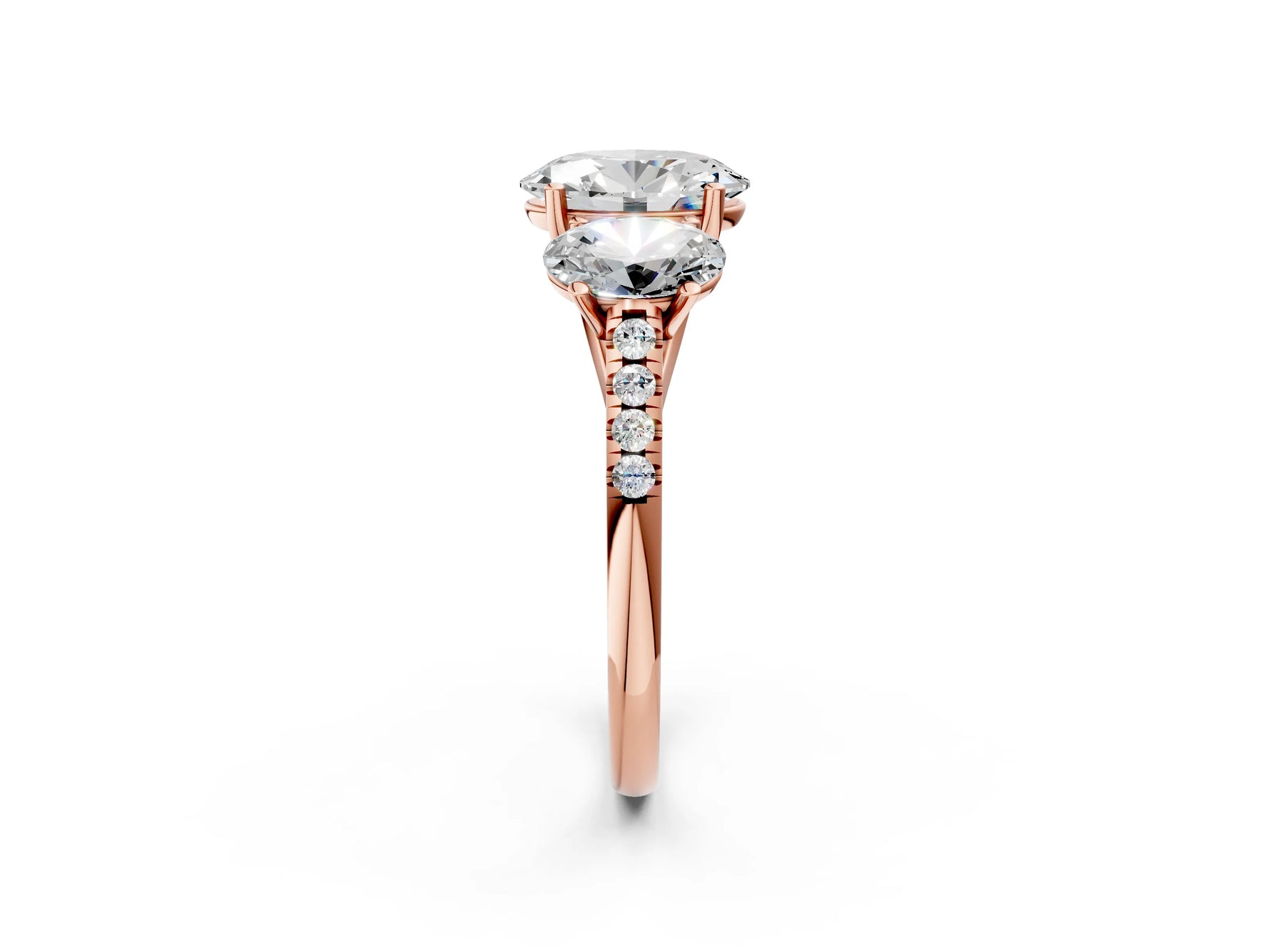 Oval Cut Diamond Trellis Three-Stone Engagement Ring in Rose gold with Round Side Stones_20