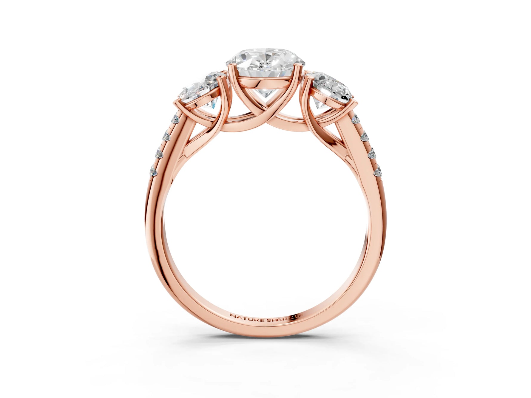 Oval Cut Diamond Trellis Three-Stone Engagement Ring in Rose gold with Round Side Stones_21