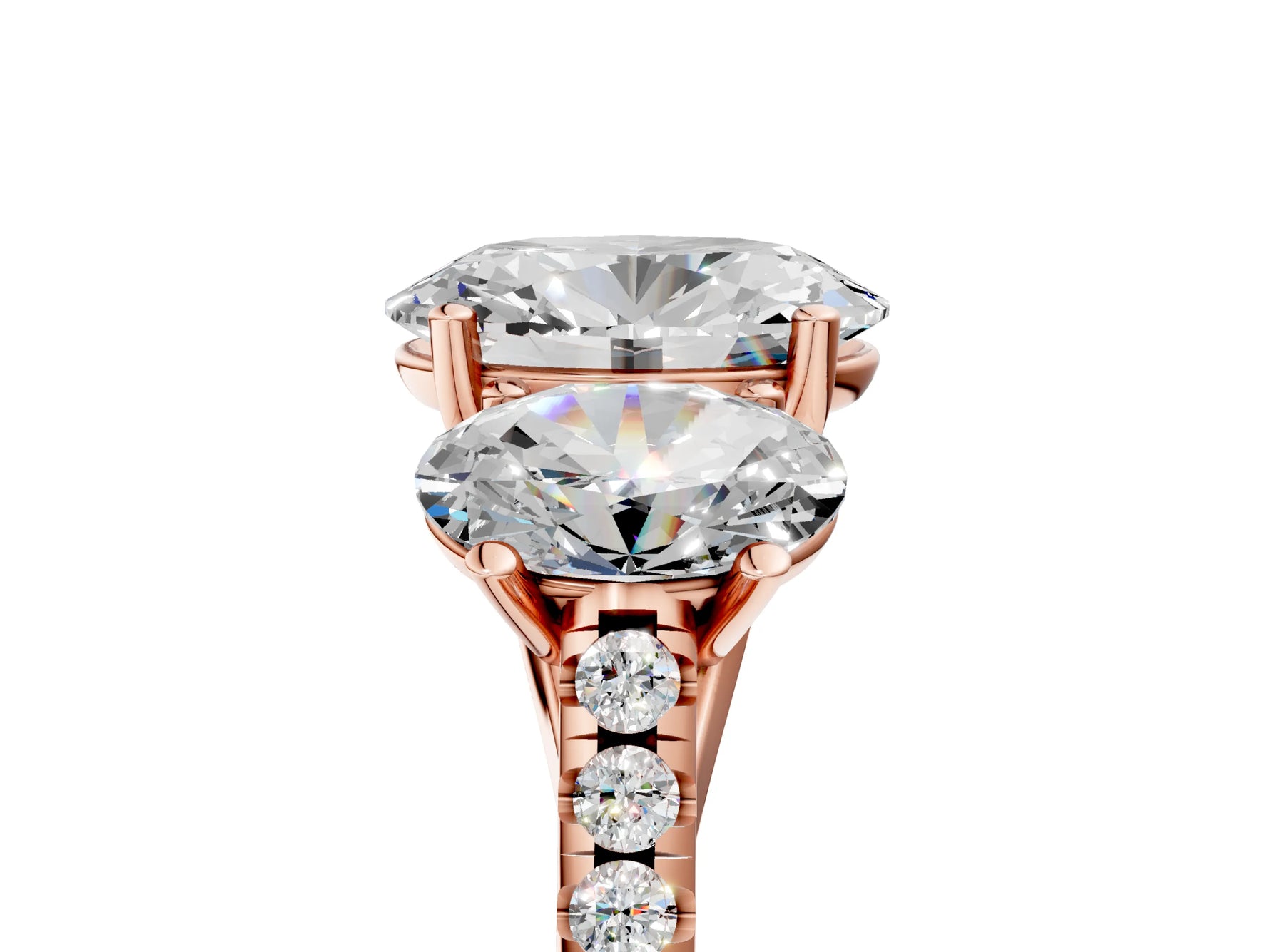 Oval Cut Diamond Trellis Three-Stone Engagement Ring in Rose gold with Round Side Stones_23