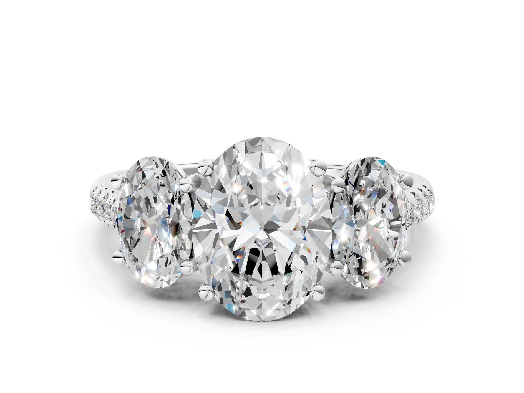 Oval Cut Diamond Trellis Three-Stone Engagement Ring in White gold with Round Side Stones_18