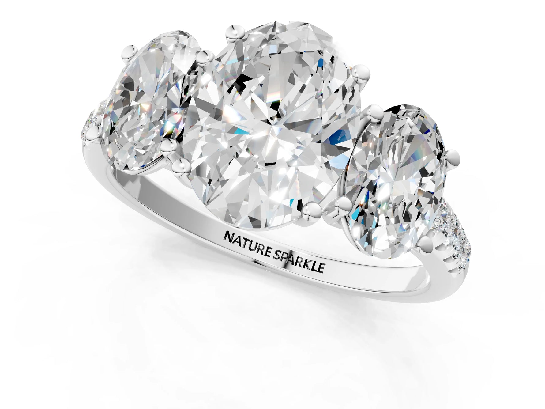 Oval Cut Diamond Trellis Three-Stone Engagement Ring in White gold with Round Side Stones_19