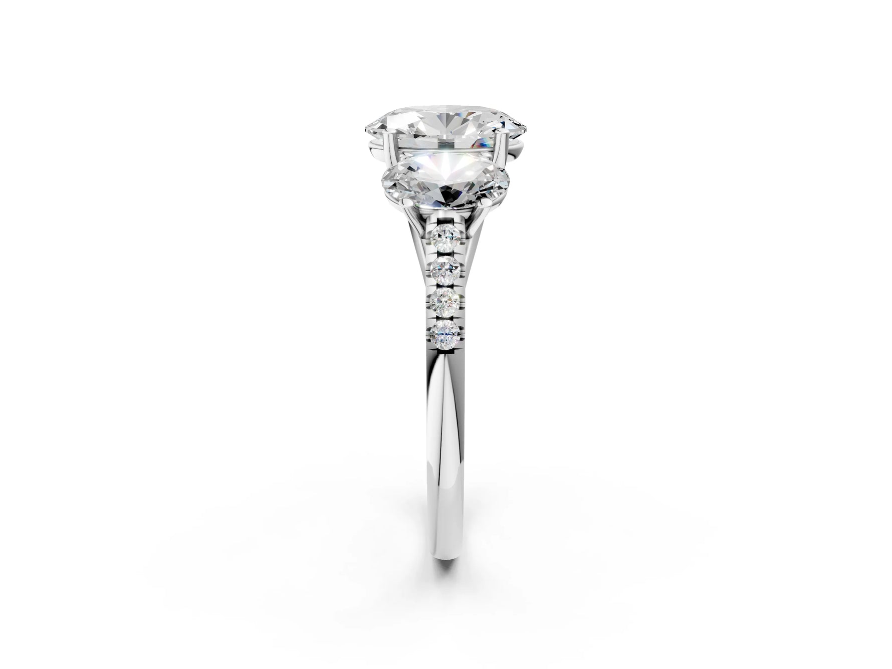 Oval Cut Diamond Trellis Three-Stone Engagement Ring in White gold with Round Side Stones_20