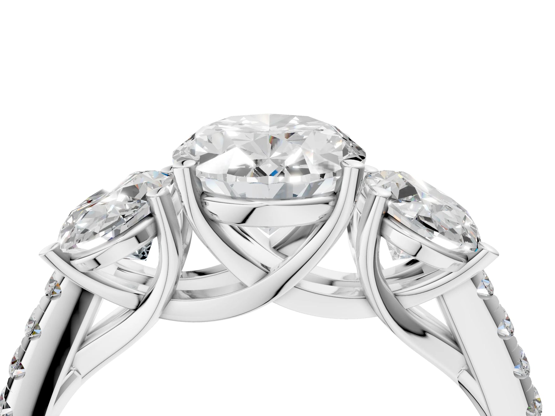 Oval Cut Diamond Trellis Three-Stone Engagement Ring in White gold with Round Side Stones_22