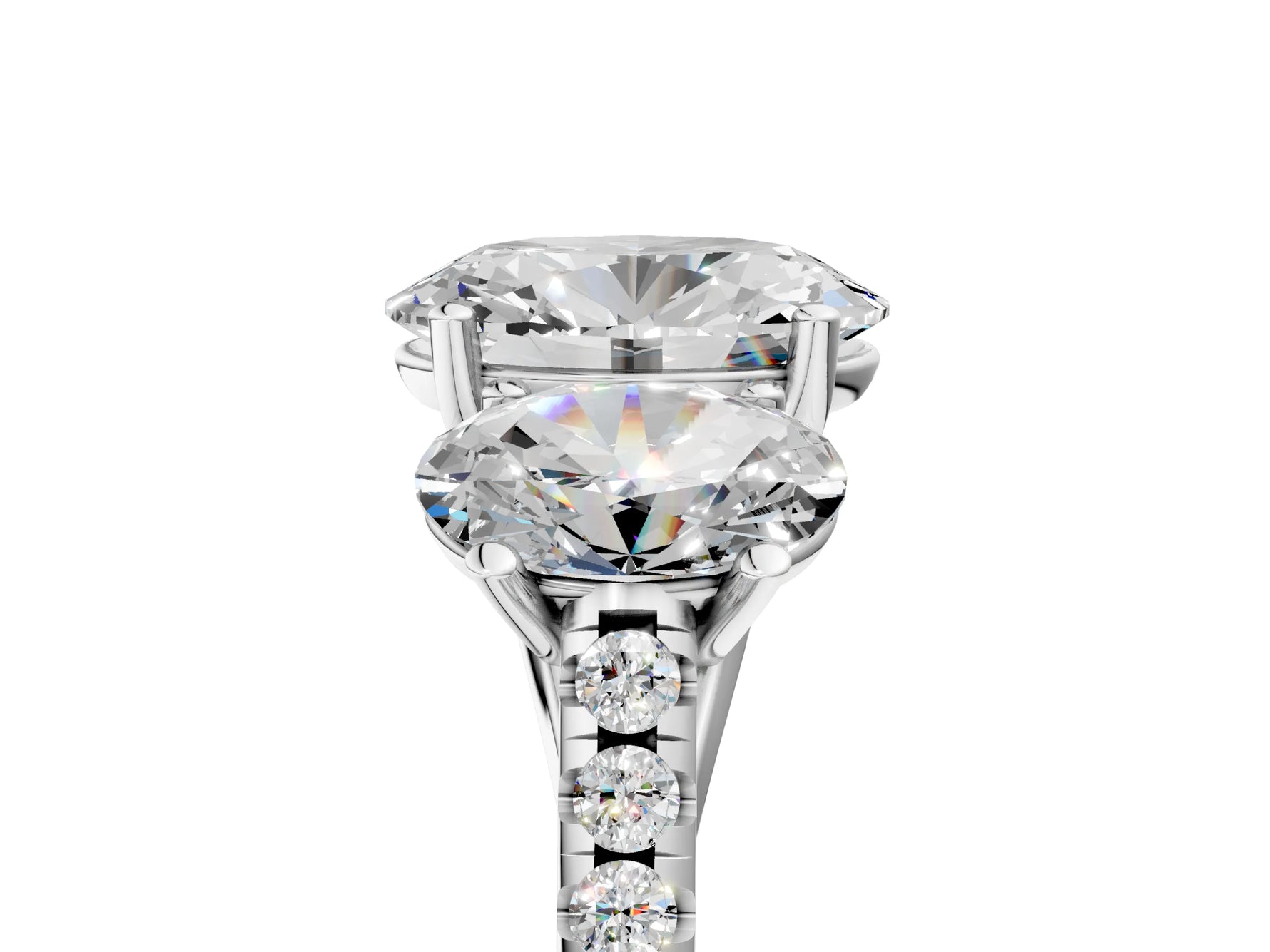 Oval Cut Diamond Trellis Three-Stone Engagement Ring in White gold with Round Side Stones_23