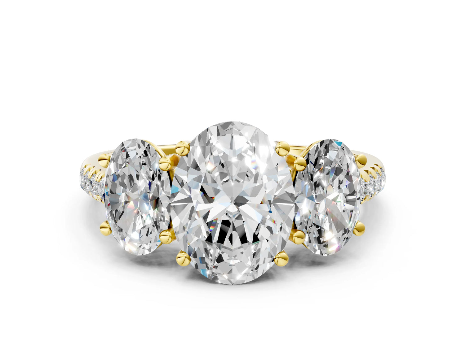 Oval Cut Diamond Trellis Three-Stone Engagement Ring in Yellow gold with Round Side Stones_18