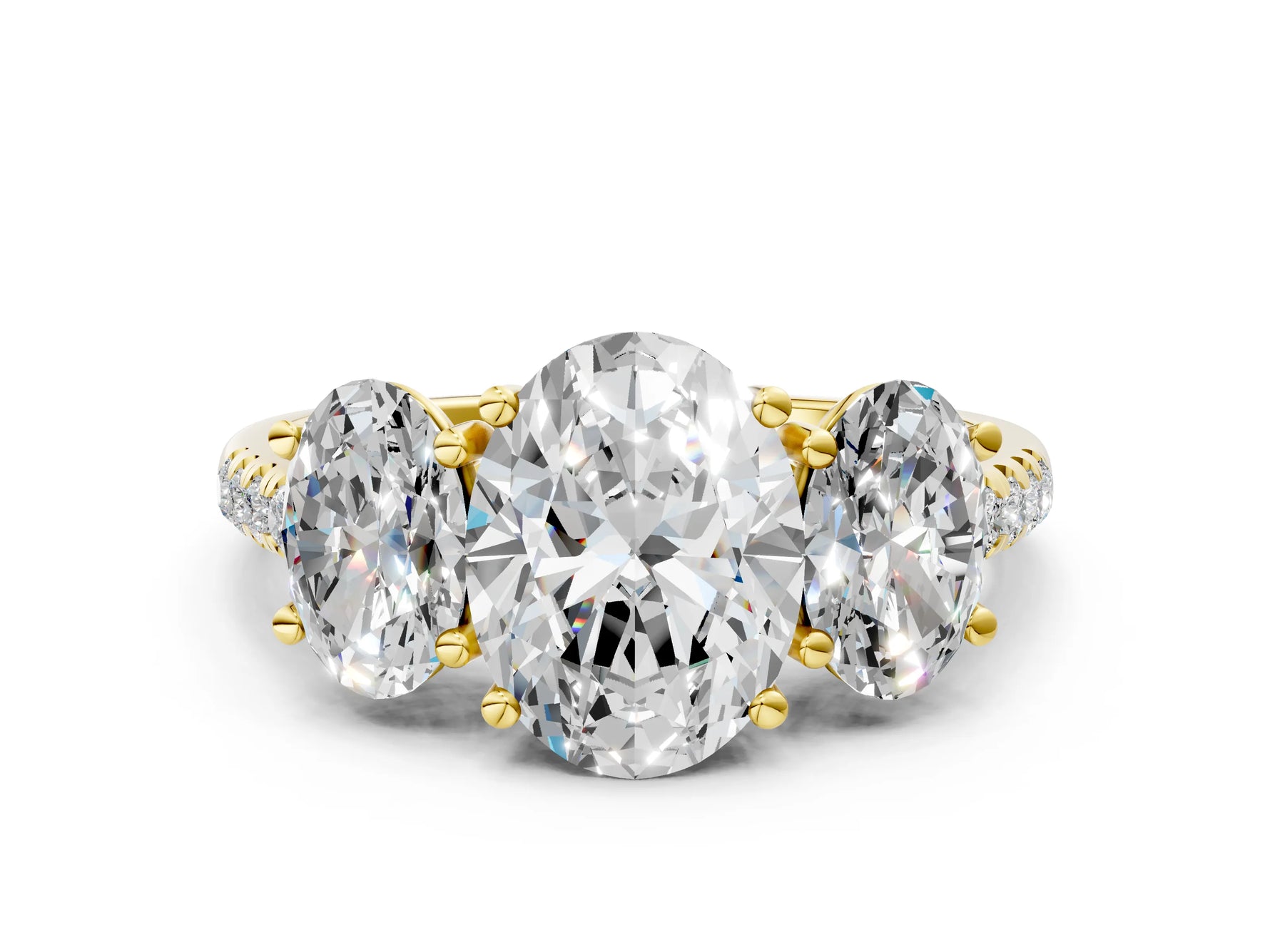 Oval Cut Diamond Trellis Three-Stone Engagement Ring in Yellow gold with Round Side Stones_18