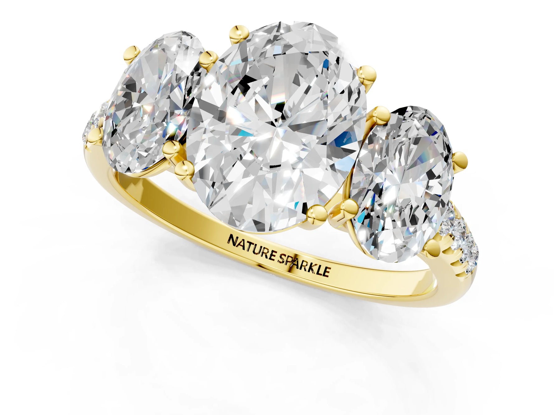 Oval Cut Diamond Trellis Three-Stone Engagement Ring in Yellow gold with Round Side Stones_19