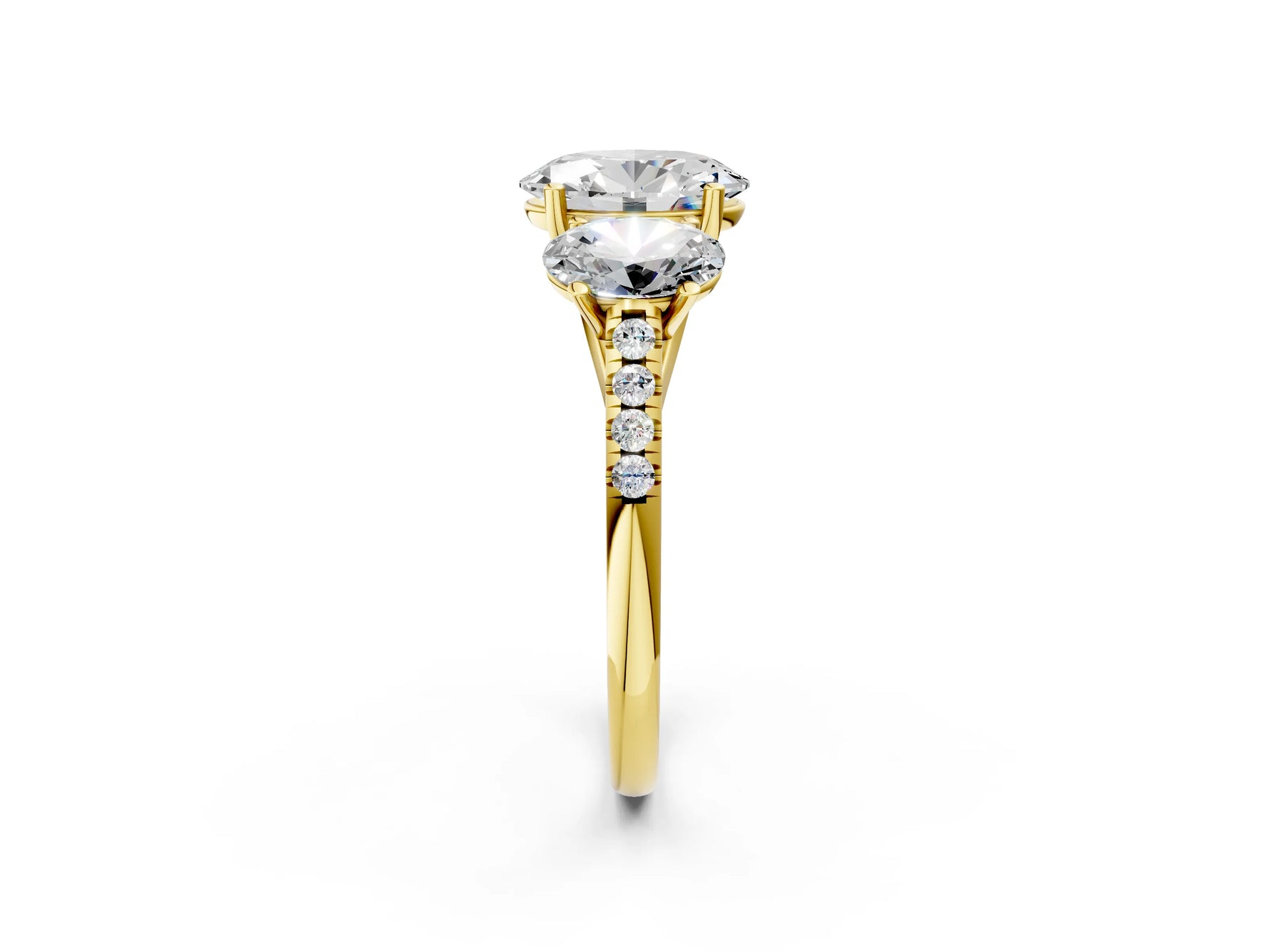 Oval Cut Diamond Trellis Three-Stone Engagement Ring in Yellow gold with Round Side Stones_20