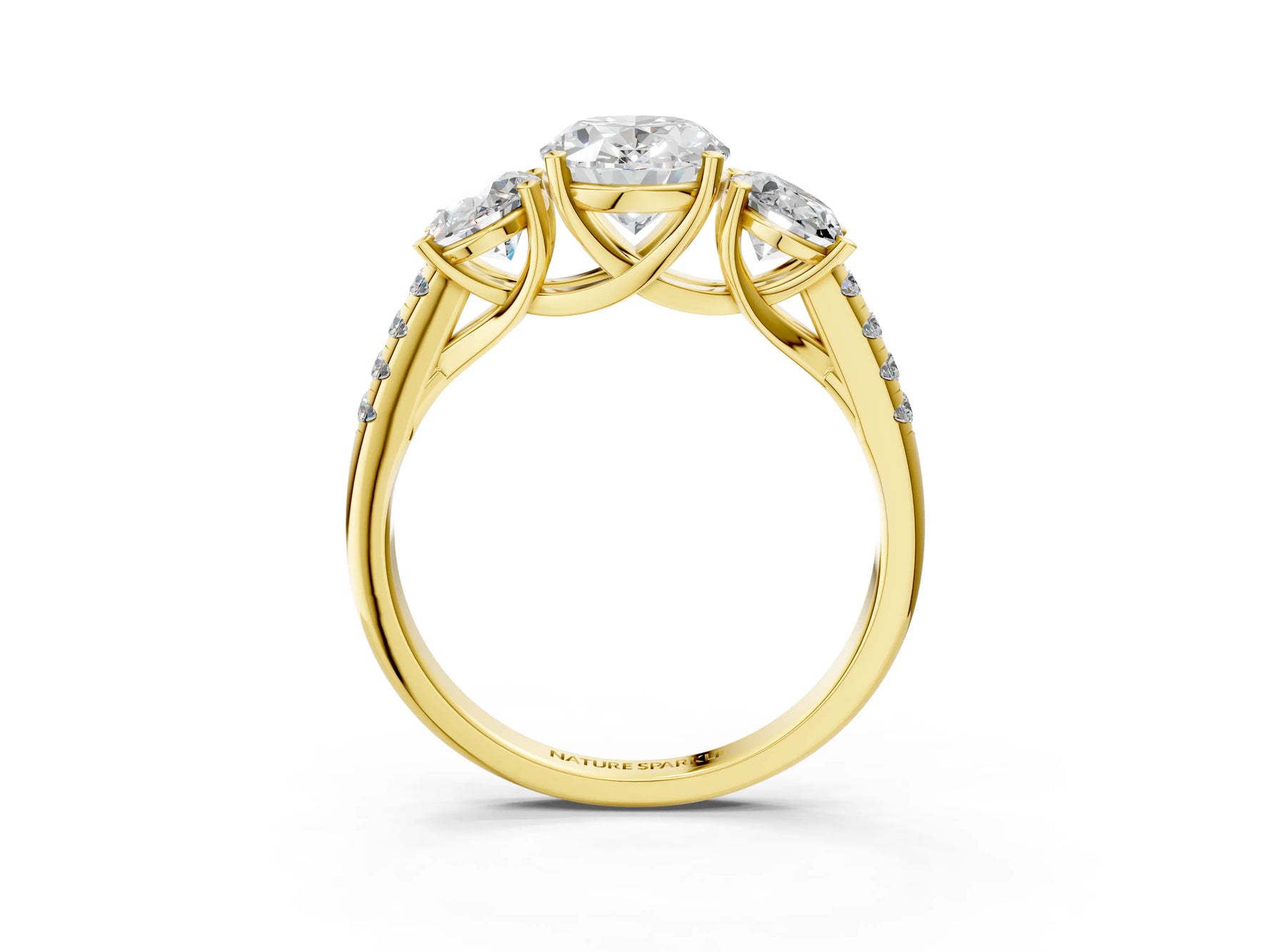 Oval Cut Diamond Trellis Three-Stone Engagement Ring in Yellow gold with Round Side Stones_21