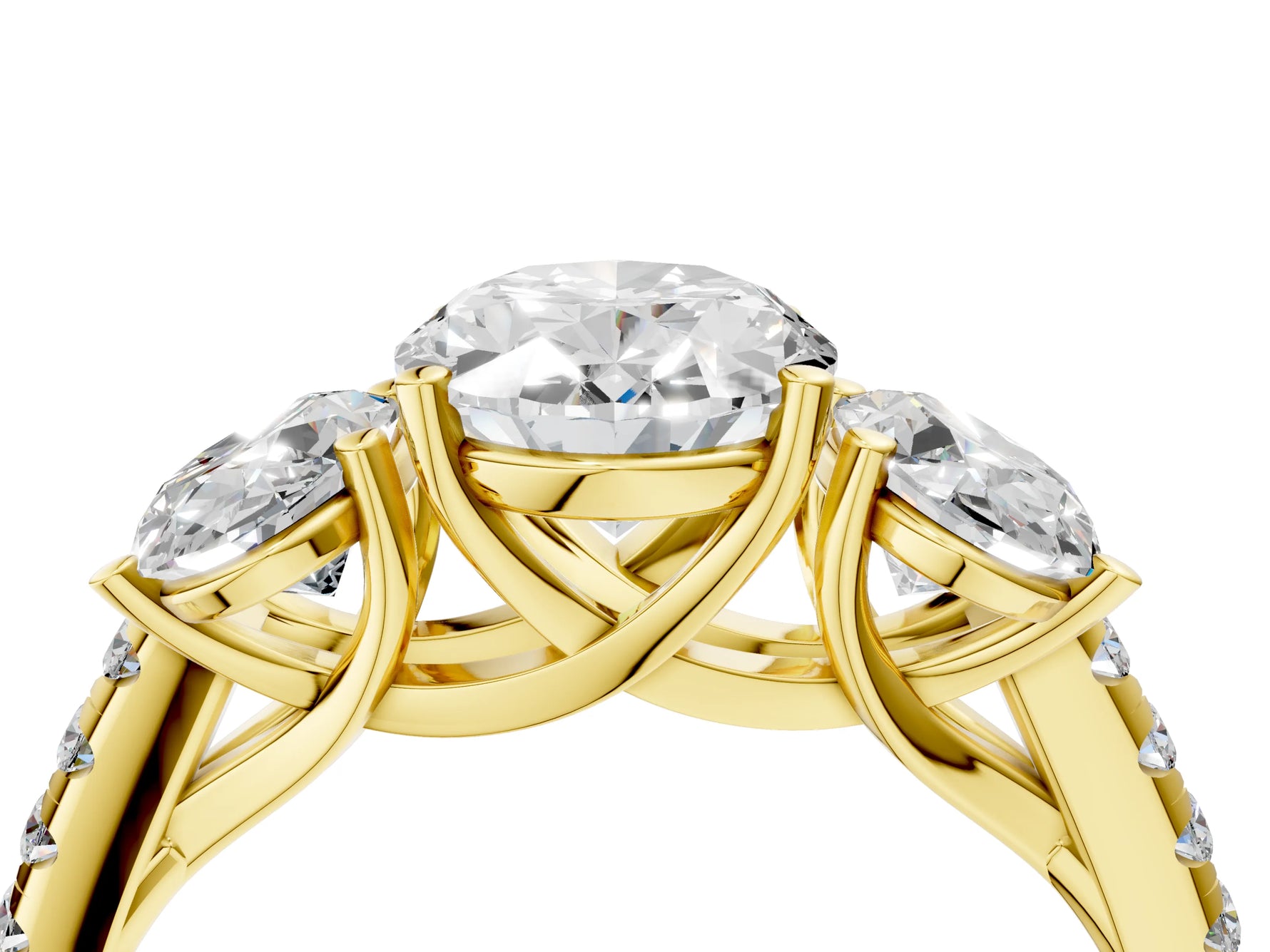 Oval Cut Diamond Trellis Three-Stone Engagement Ring in Yellow gold with Round Side Stones_22