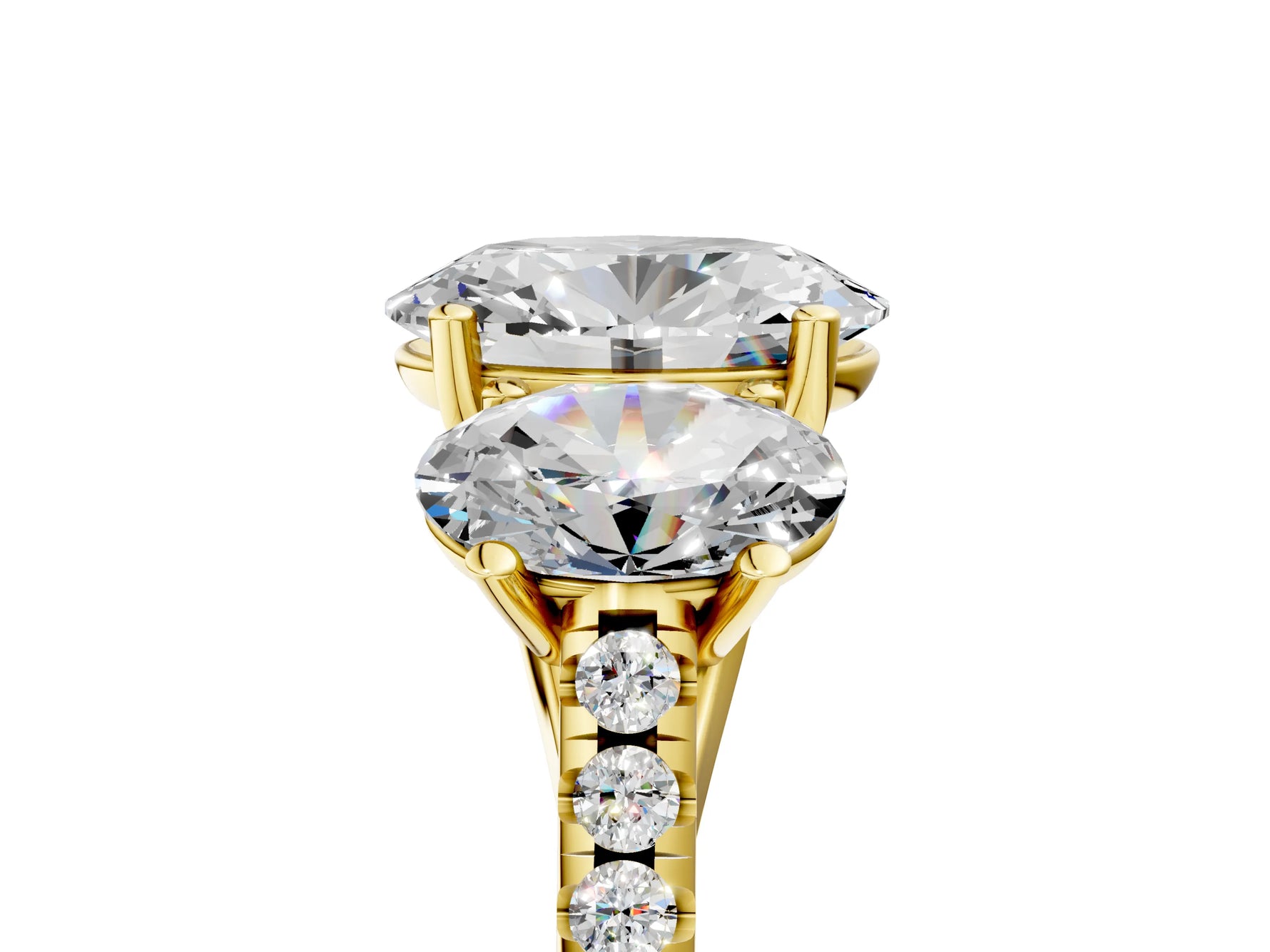 Oval Cut Diamond Trellis Three-Stone Engagement Ring in Yellow gold with Round Side Stones_23