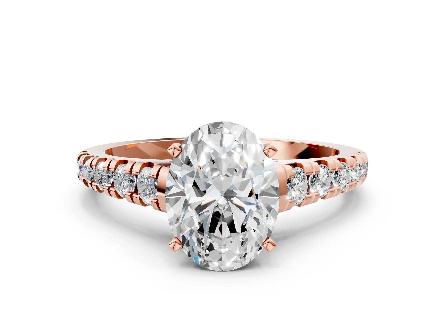Oval Cut Diamond Vintage Scroll Solitaire Ring in Rose gold with Graduated Round Side Stones_12