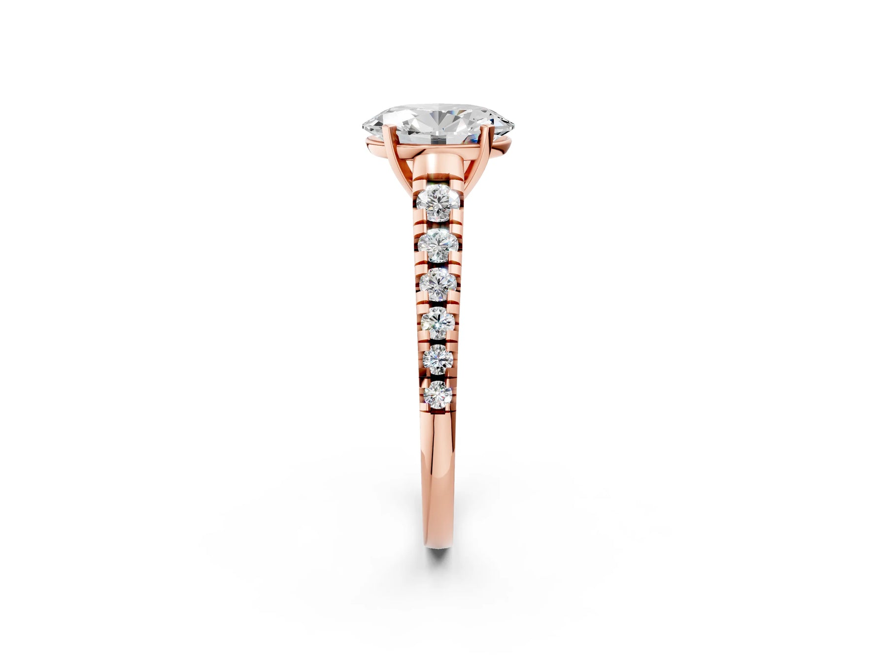 Oval Cut Diamond Vintage Scroll Solitaire Ring in Rose gold with Graduated Round Side Stones_14