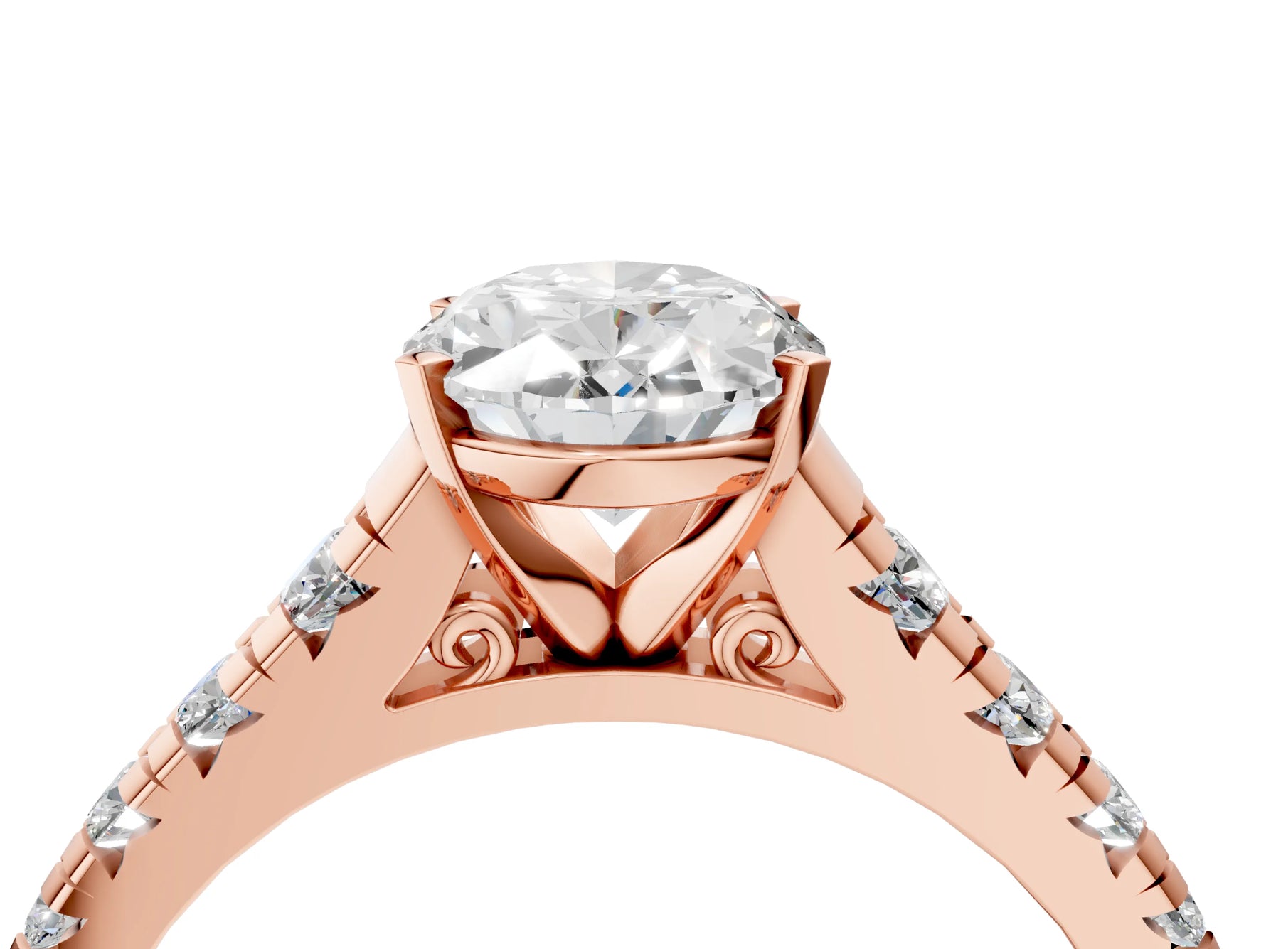 Oval Cut Diamond Vintage Scroll Solitaire Ring in Rose gold with Graduated Round Side Stones_16