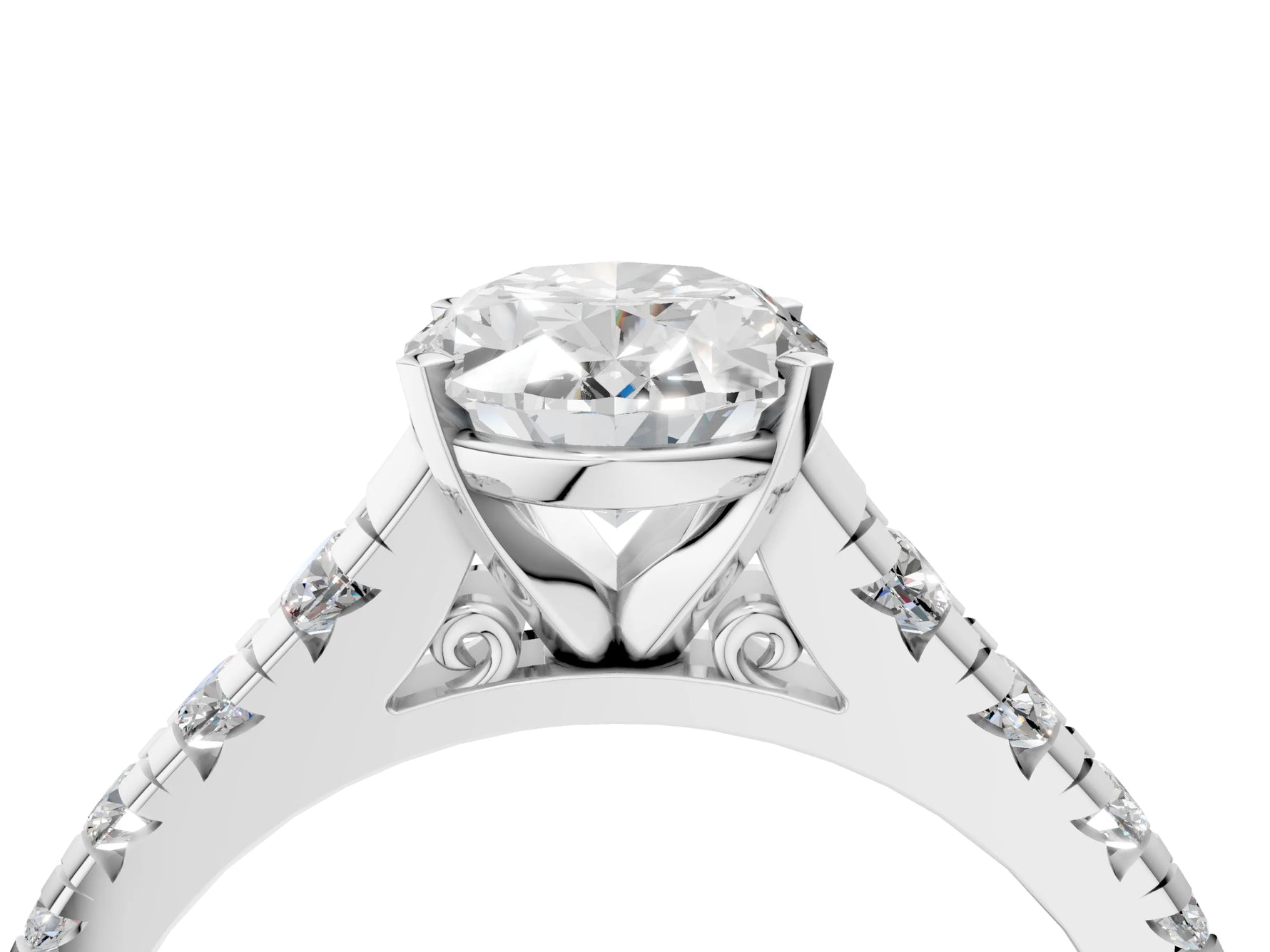 Oval Cut Diamond Vintage Scroll Solitaire Ring in White gold with Graduated Round Side Stones_10