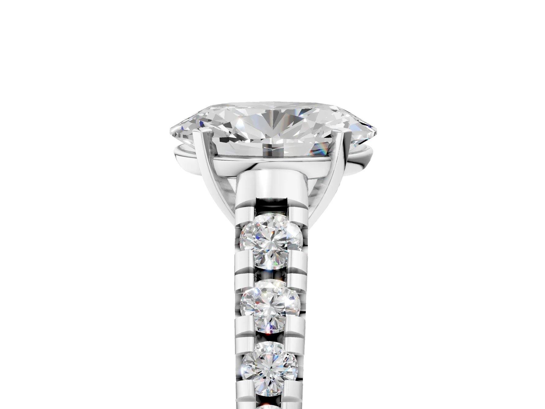 Oval Cut Diamond Vintage Scroll Solitaire Ring in White gold with Graduated Round Side Stones_11