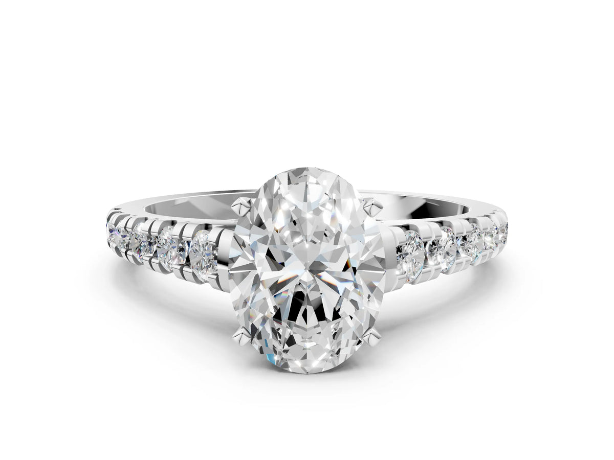 Oval Cut Diamond Vintage Scroll Solitaire Ring in White gold with Graduated Round Side Stones_18
