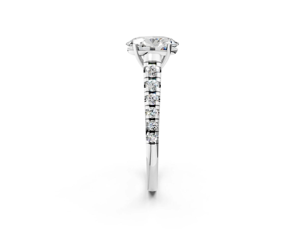 Oval Cut Diamond Vintage Scroll Solitaire Ring in White gold with Graduated Round Side Stones_20