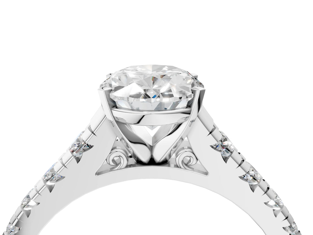 Oval Cut Diamond Vintage Scroll Solitaire Ring in White gold with Graduated Round Side Stones_22