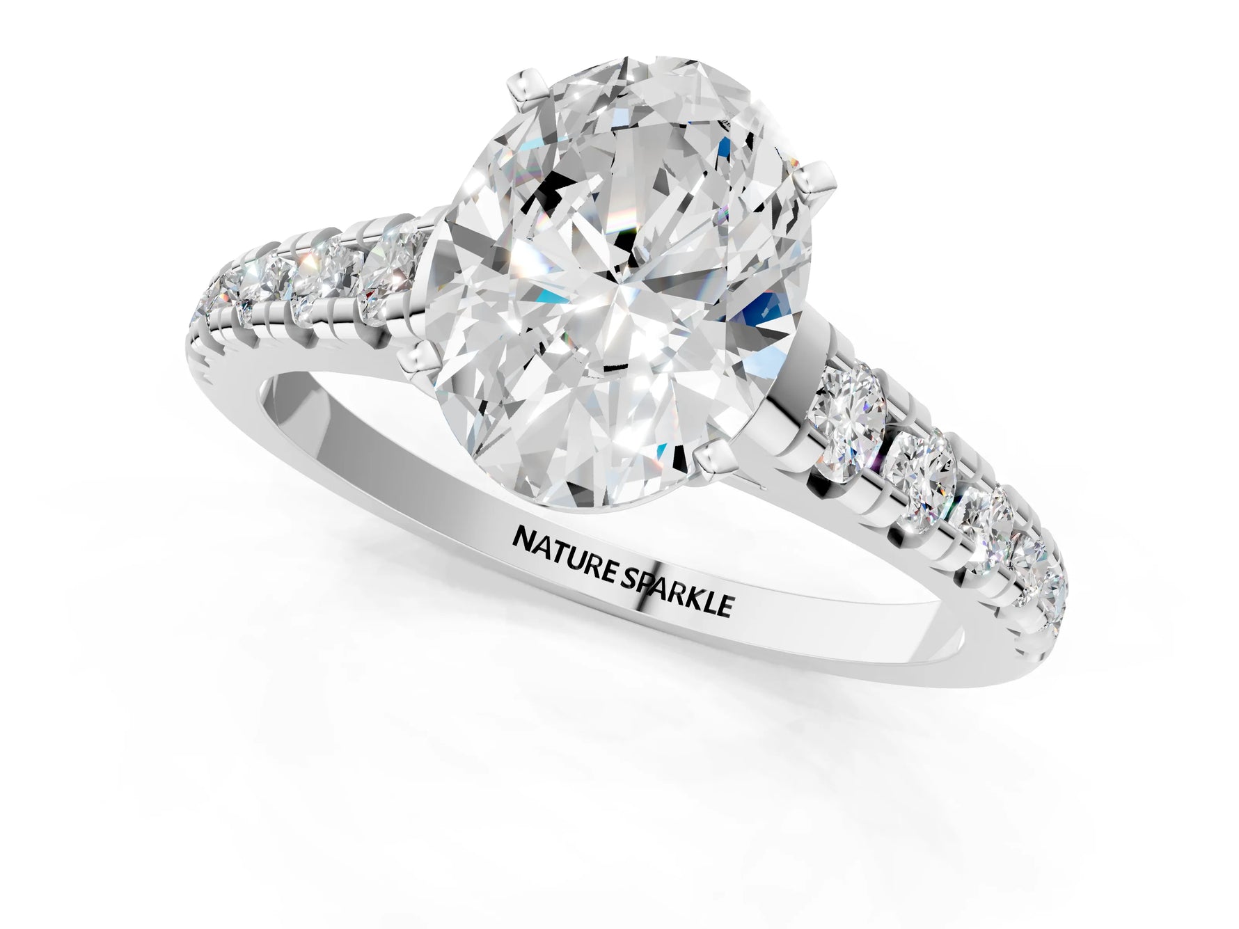 Oval Cut Diamond Vintage Scroll Solitaire Ring in White gold with Graduated Round Side Stones_7