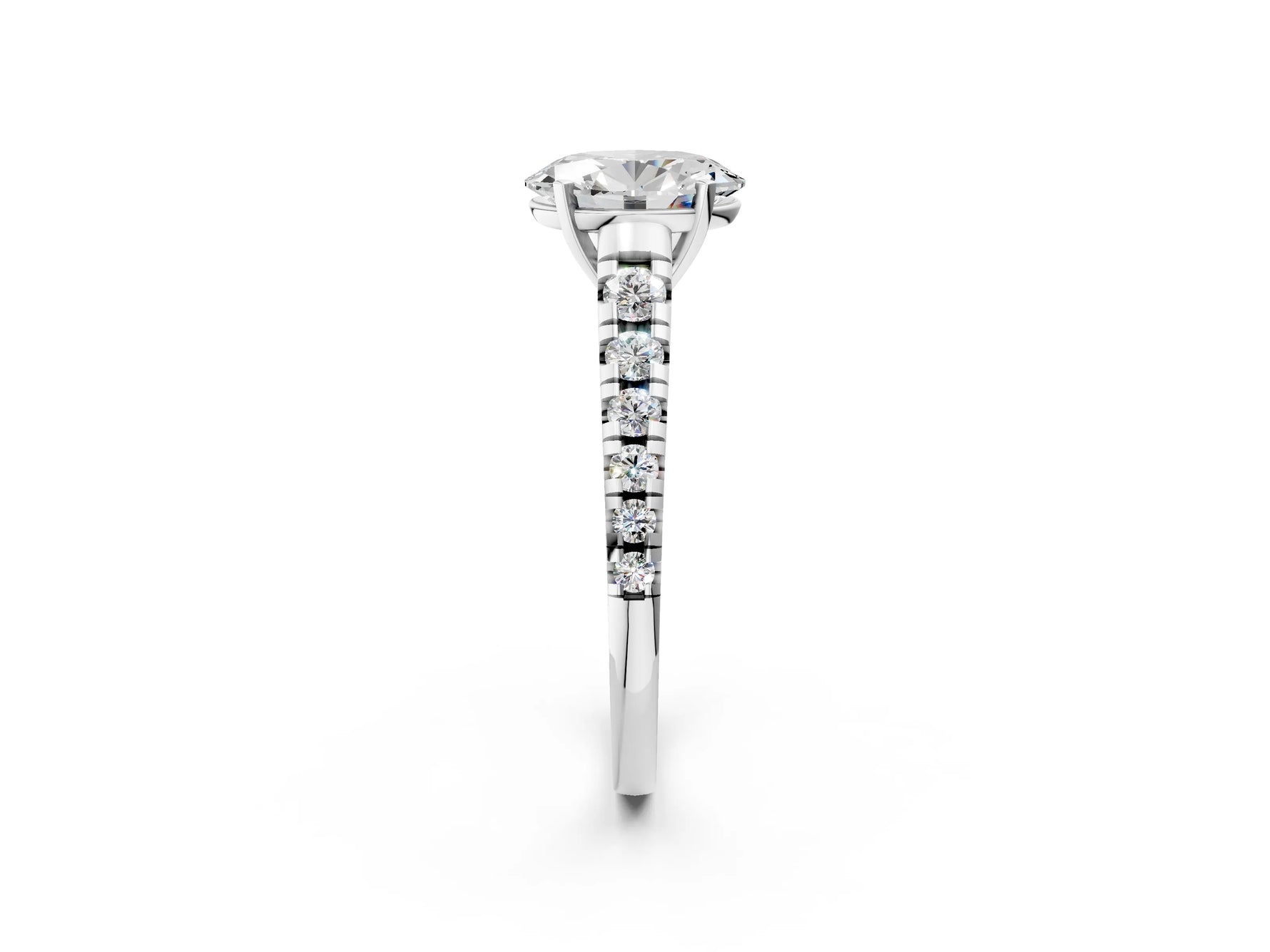 Oval Cut Diamond Vintage Scroll Solitaire Ring in White gold with Graduated Round Side Stones_8