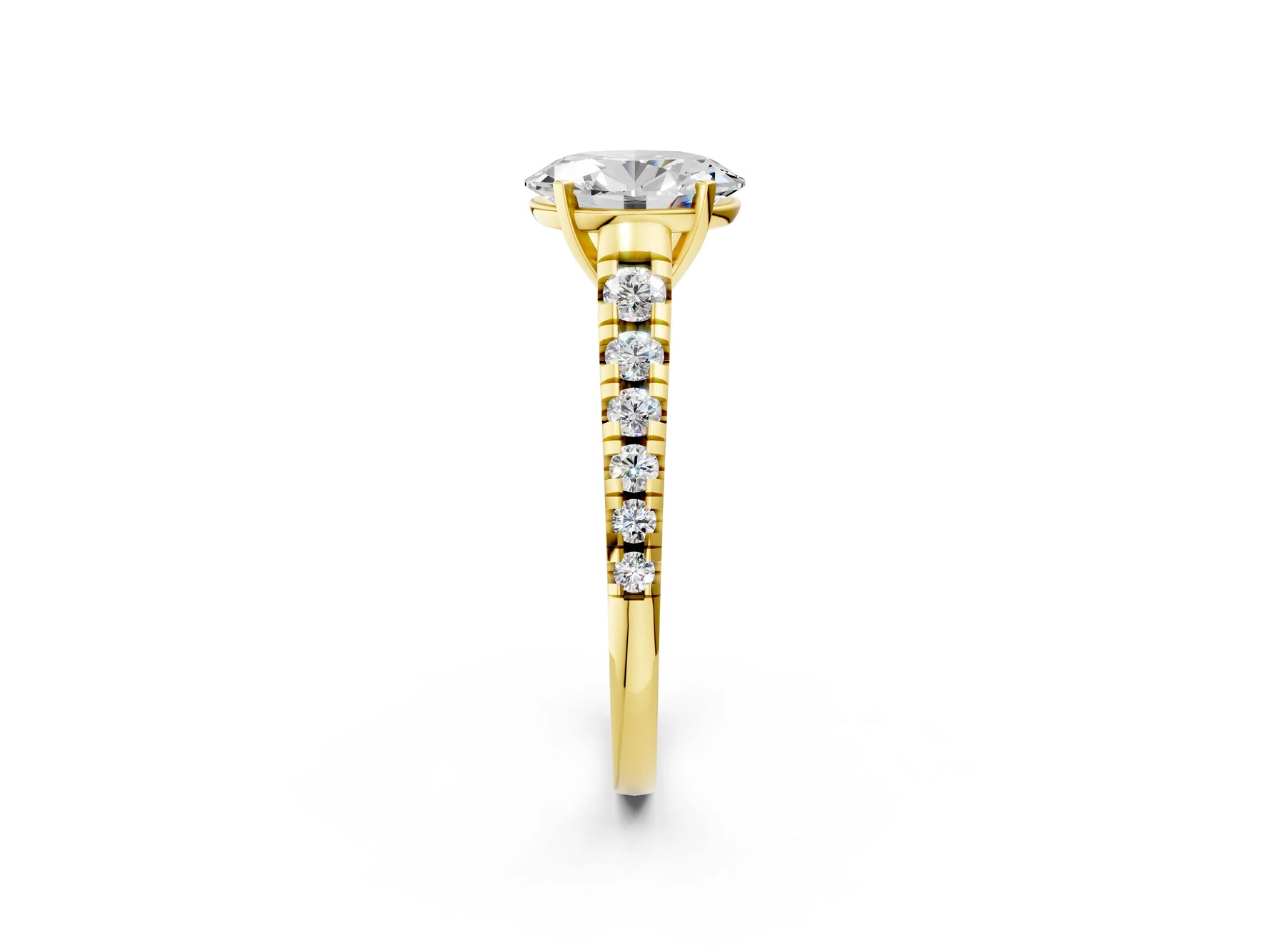 Oval Cut Diamond Vintage Scroll Solitaire Ring in Yellow gold with Graduated Round Side Stones_14