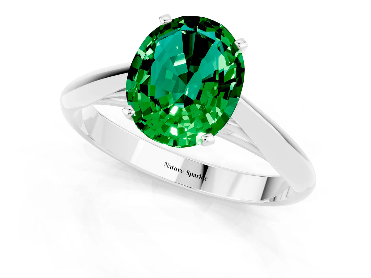 Oval Cut Emerald Cathedral Solitaire Engagement Ring in White gold with Prong Setting_1