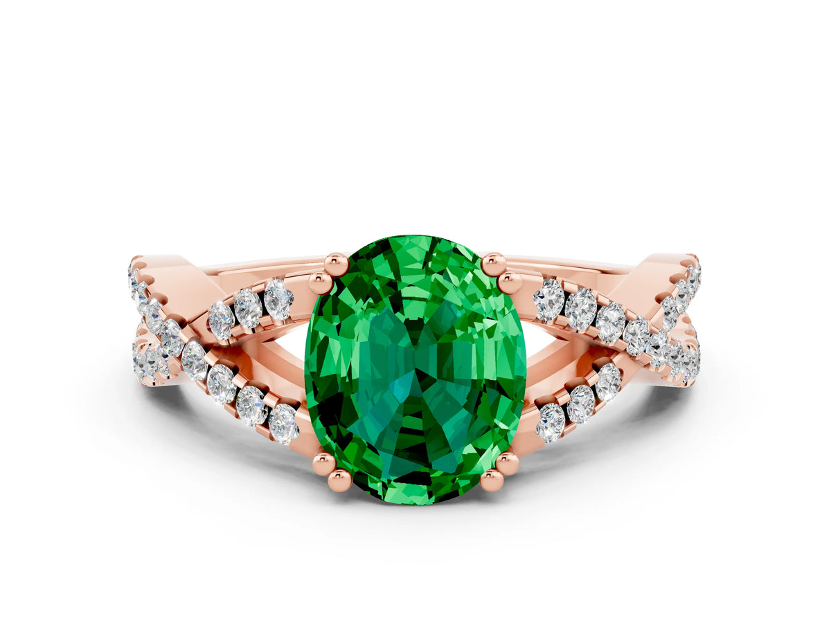 Oval Cut Emerald Solitaire Ring in Rose gold with Interwoven Pavé Band and Prong Setting