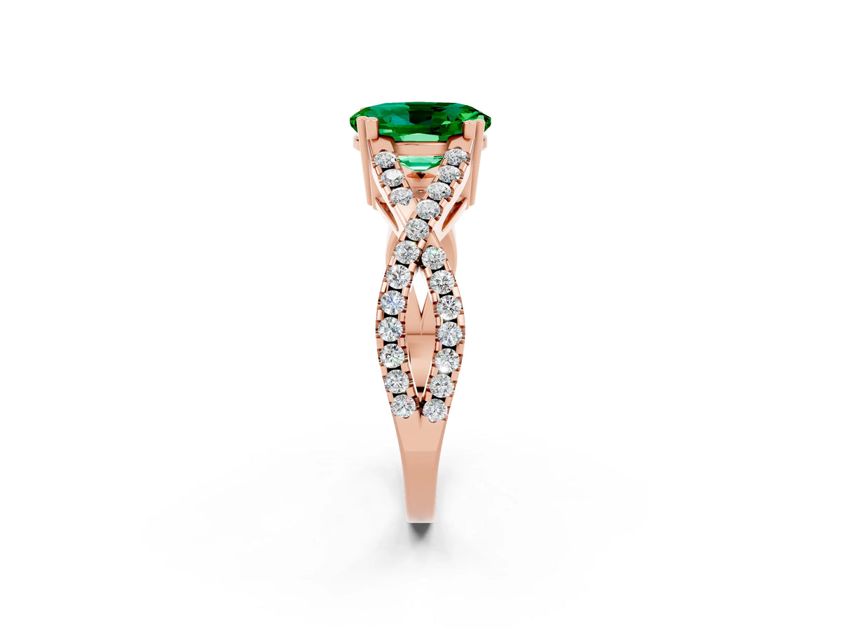 Oval Cut Emerald Solitaire Ring in Rose gold with Interwoven Pavé Band and Prong Setting_2