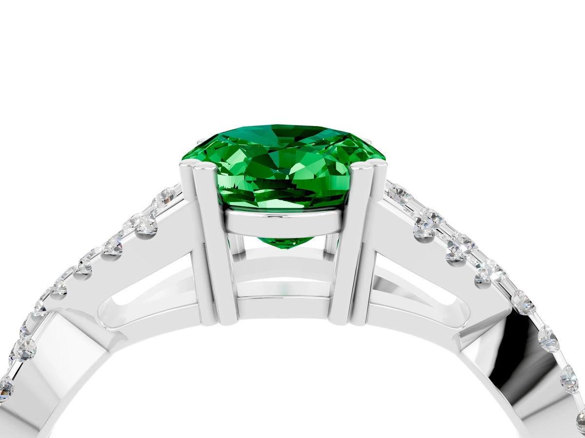 Oval Cut Emerald Solitaire Ring in Silver with Interwoven Pavé Band and Prong Setting_10