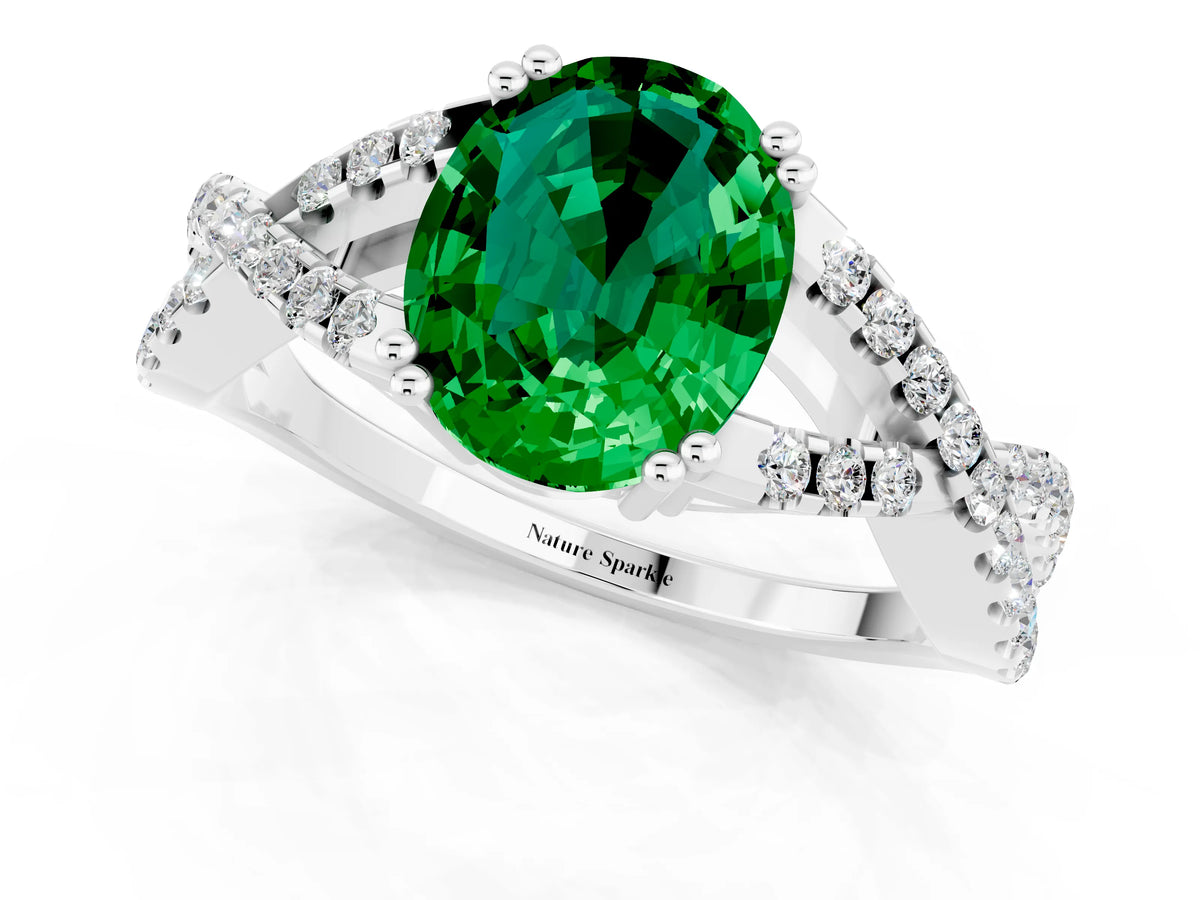 Oval Cut Emerald Solitaire Ring in Silver with Interwoven Pavé Band and Prong Setting_7