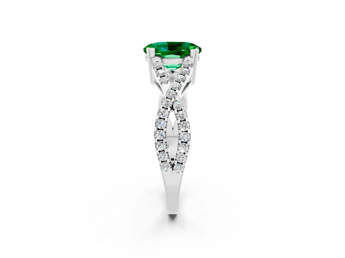 Oval Cut Emerald Solitaire Ring in Silver with Interwoven Pavé Band and Prong Setting_8