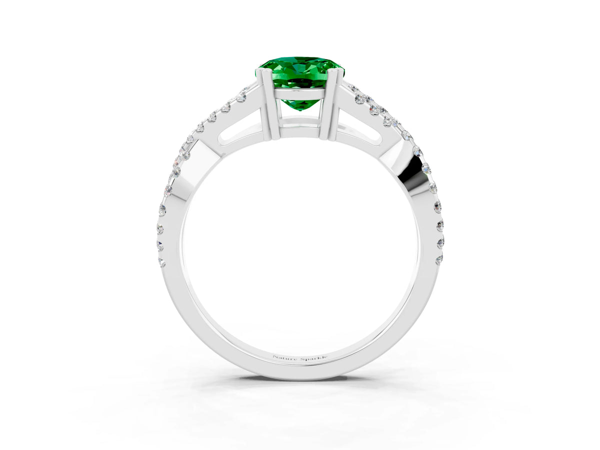 Oval Cut Emerald Solitaire Ring in Silver with Interwoven Pavé Band and Prong Setting_9