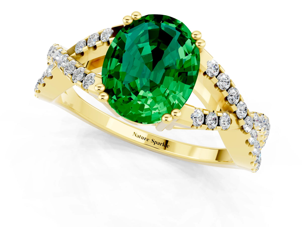 Oval Cut Emerald Solitaire Ring in Yellow gold with Interwoven Pavé Band and Prong Setting_1