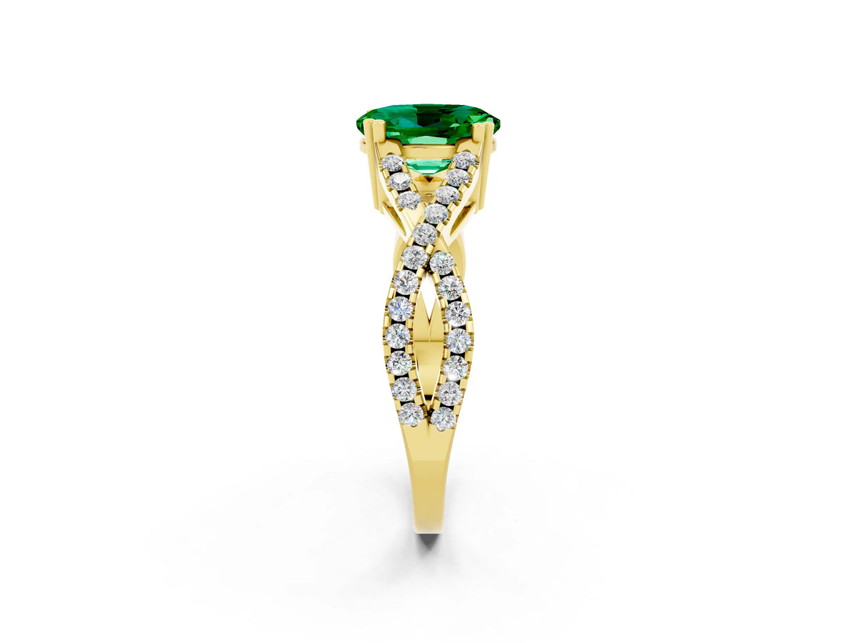 Oval Cut Emerald Solitaire Ring in Yellow gold with Interwoven Pavé Band and Prong Setting_2