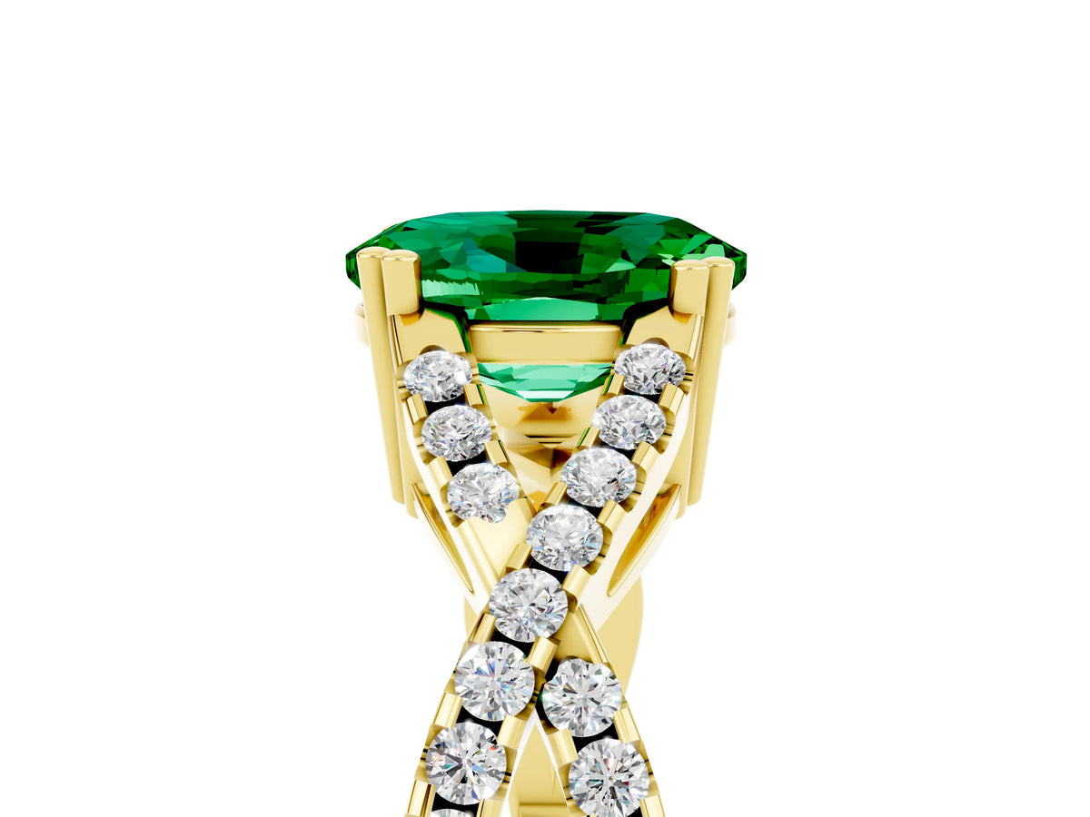 Oval Cut Emerald Solitaire Ring in Yellow gold with Interwoven Pavé Band and Prong Setting_5