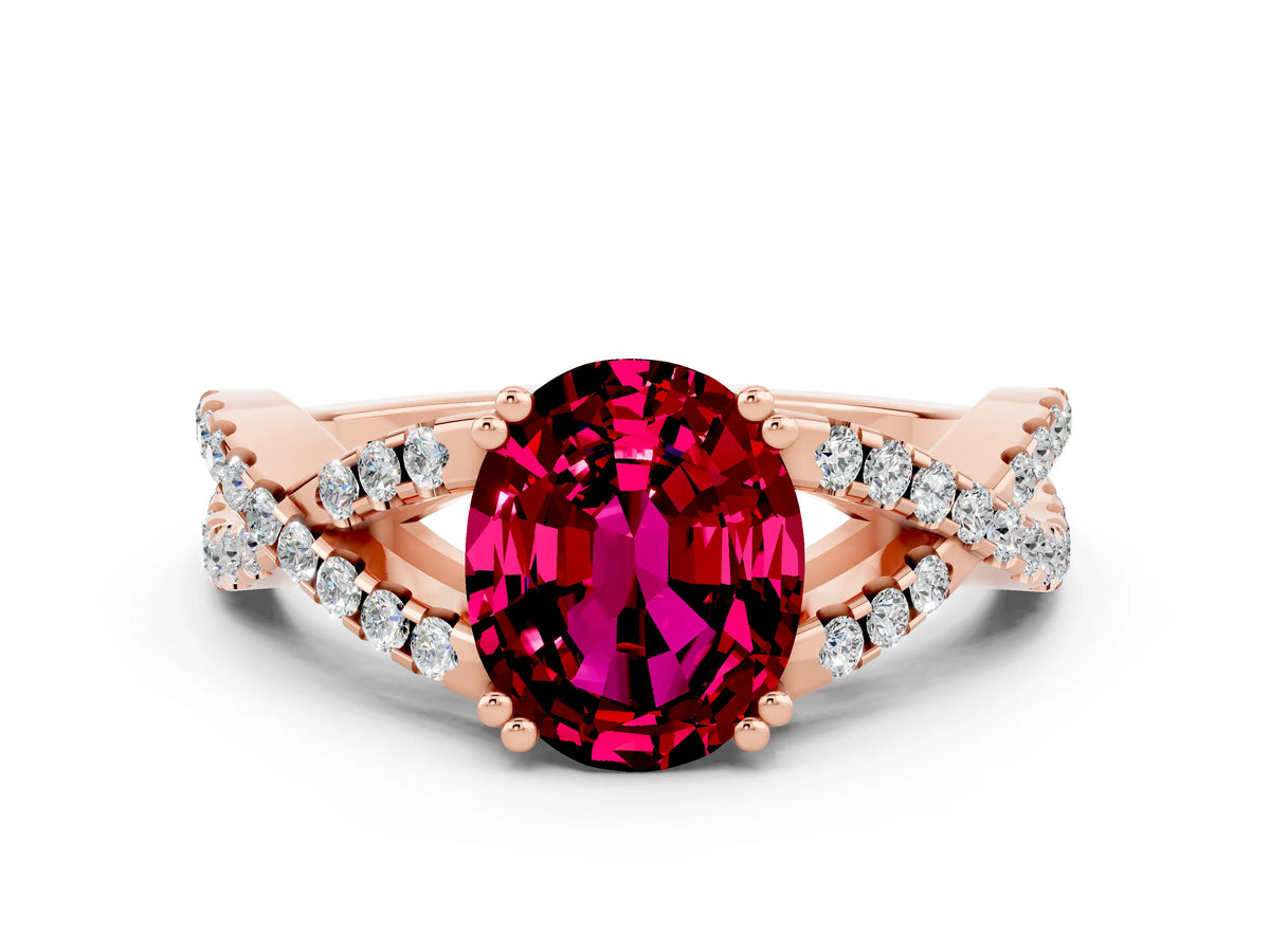 Oval Cut Garnet Solitaire Ring in Rose gold with Interwoven Pavé Band and Prong Setting
