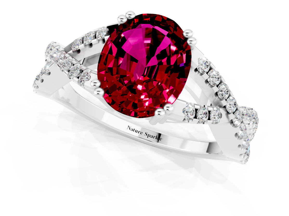 Oval Cut Garnet Solitaire Ring in Silver with Interwoven Pavé Band and Prong Setting_7