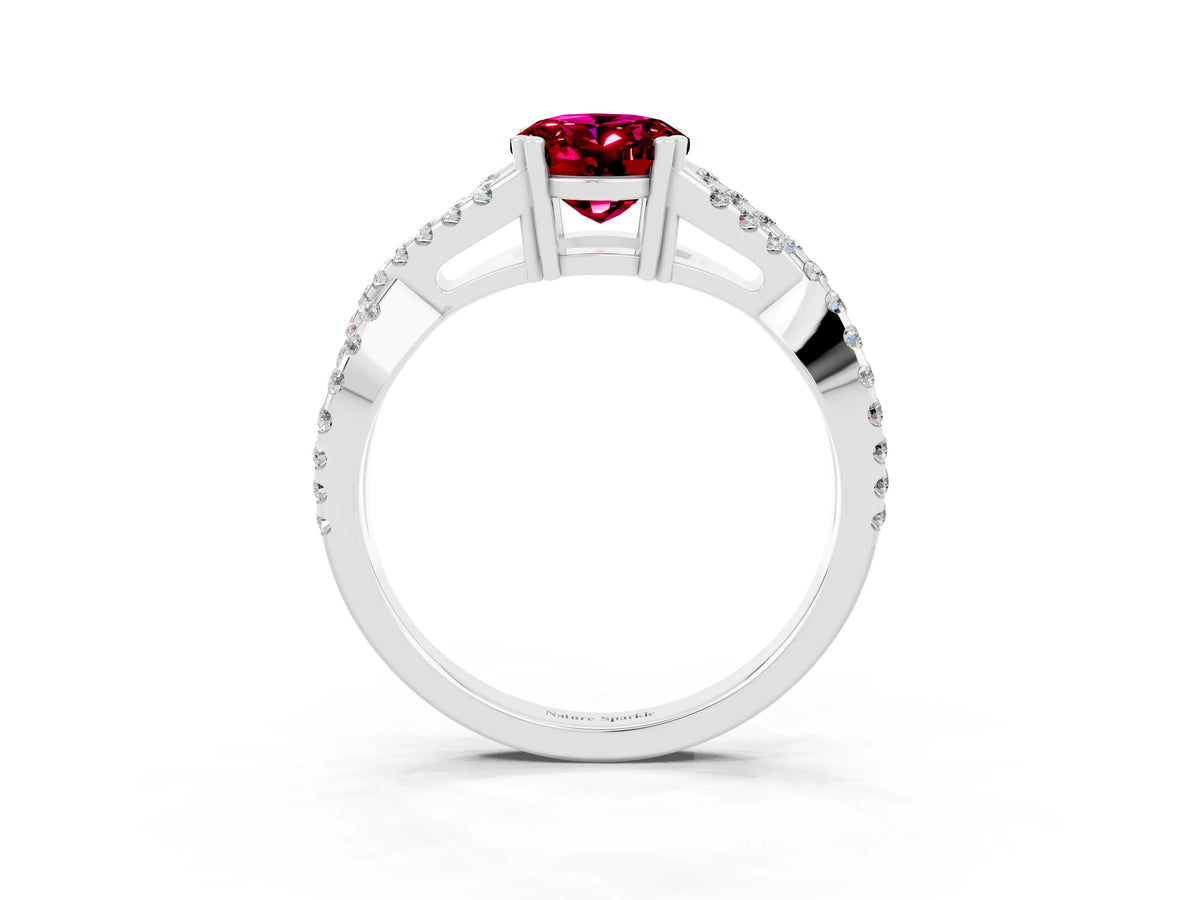 Oval Cut Garnet Solitaire Ring in Silver with Interwoven Pavé Band and Prong Setting_9