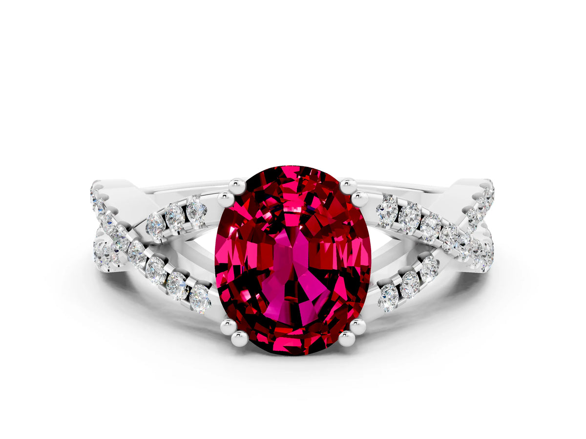 Oval Cut Garnet Solitaire Ring in White gold with Interwoven Pavé Band and Prong Setting