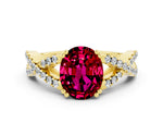 Oval Cut Garnet Solitaire Ring in Yellow gold with Interwoven Pavé Band and Prong Setting