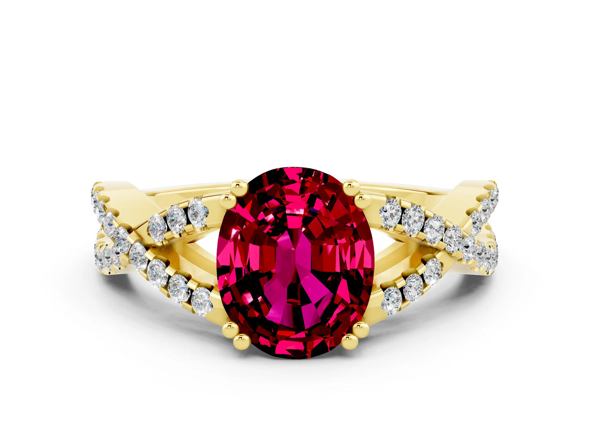 Oval Cut Garnet Solitaire Ring in Yellow gold with Interwoven Pavé Band and Prong Setting