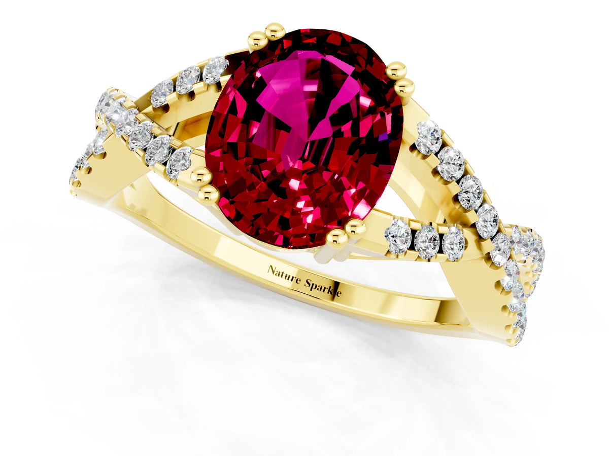 Oval Cut Garnet Solitaire Ring in Yellow gold with Interwoven Pavé Band and Prong Setting_1