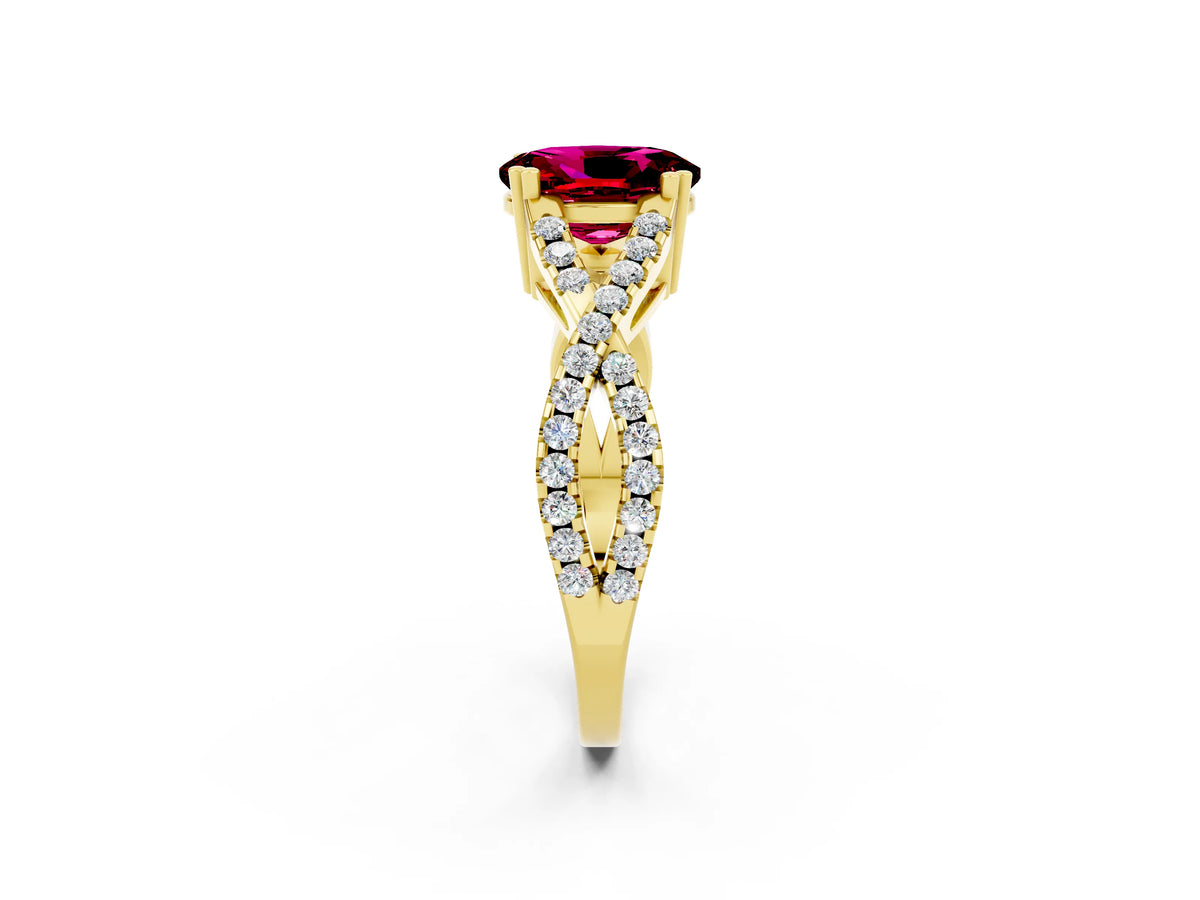 Oval Cut Garnet Solitaire Ring in Yellow gold with Interwoven Pavé Band and Prong Setting_2