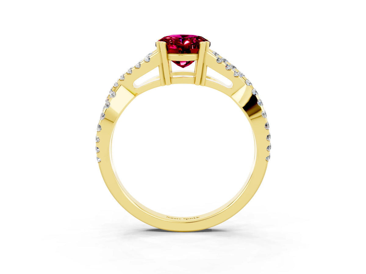 Oval Cut Garnet Solitaire Ring in Yellow gold with Interwoven Pavé Band and Prong Setting_3