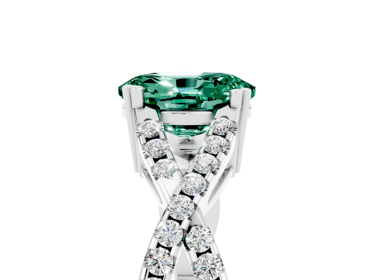 Oval Cut Green Sapphire Solitaire Ring in Platinum with Interwoven Pavé Band and Prong Setting_11
