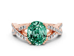 Oval Cut Green Sapphire Solitaire Ring in Rose gold with Interwoven Pavé Band and Prong Setting