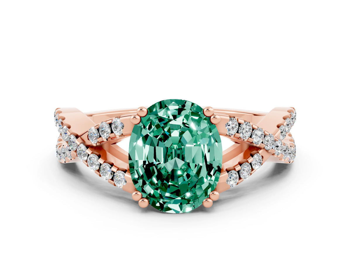 Oval Cut Green Sapphire Solitaire Ring in Rose gold with Interwoven Pavé Band and Prong Setting