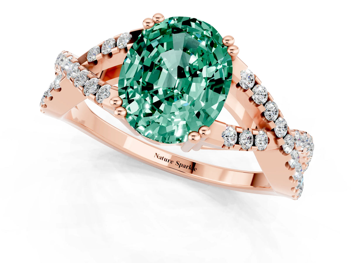 Oval Cut Green Sapphire Solitaire Ring in Rose gold with Interwoven Pavé Band and Prong Setting_1