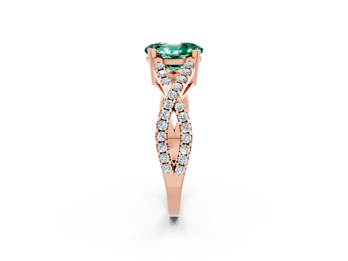 Oval Cut Green Sapphire Solitaire Ring in Rose gold with Interwoven Pavé Band and Prong Setting_2